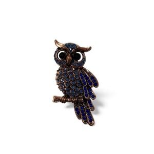 Vintage Bronze Tone Sparkly Blue Rhinestone Owl Brooch Pin